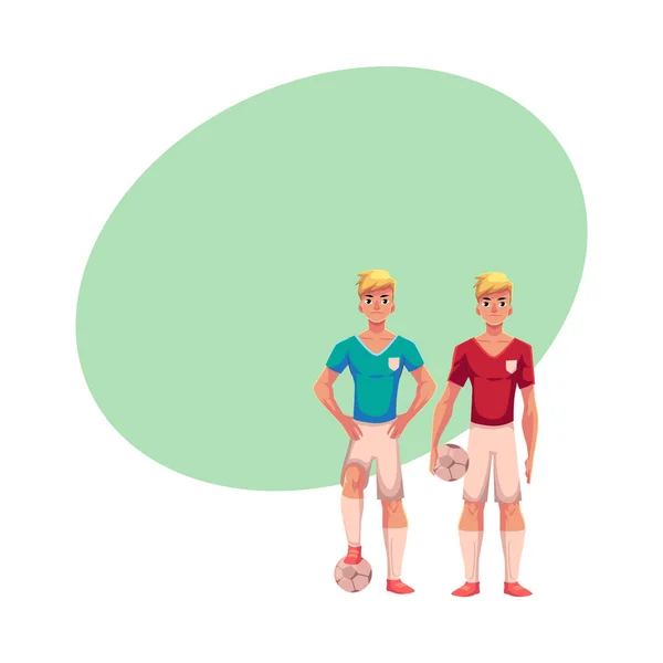 Twee knappe blonde voetballers, teamgenoten permanent met voetbal ballen — Stockvector