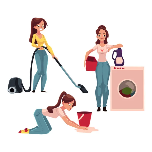 Mujer, ama de casa haciendo tareas planchado, lavado de suelo, limpieza al vacío — Archivo Imágenes Vectoriales