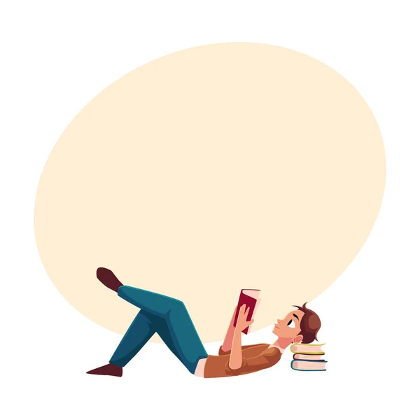 Jovem, menino lendo livro deitado no chão — Vetor de Stock