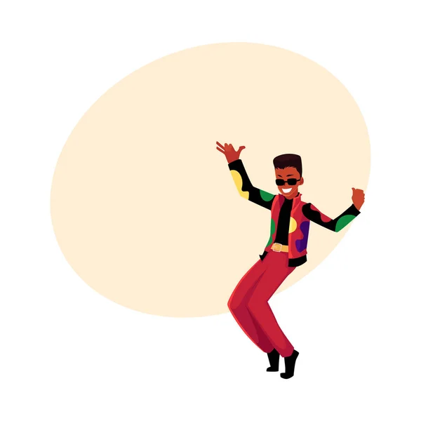 Чернокожий, афроамериканец, парень в одежде 1980-х танцует диско — стоковый вектор