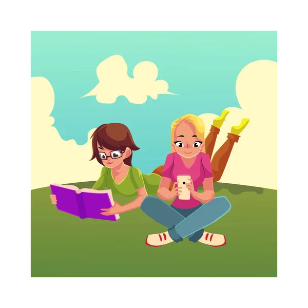 Twee meisjes aanbrengen gekruiste benen, lezen boek, gebruik van mobiele telefoon — Stockvector