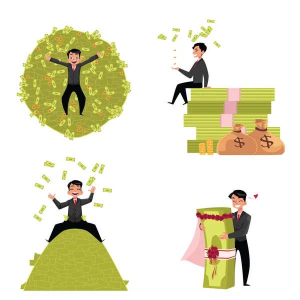 Reach businessman, marrying to money, lying, sitting on it, throwing — Stock Vector