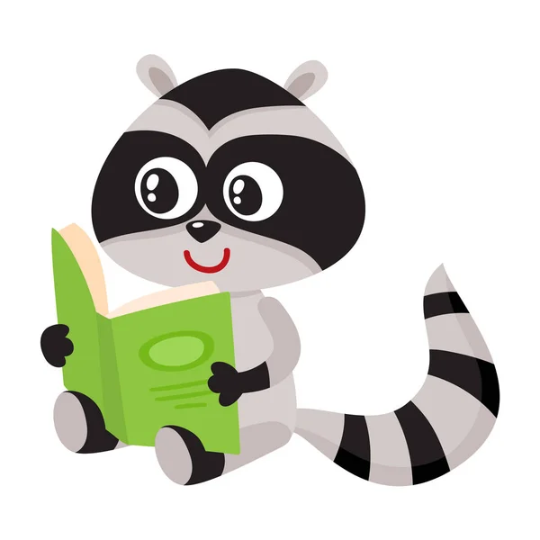 Bonito pequeno guaxinim estudante personagem lendo um livro interessante — Vetor de Stock