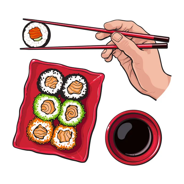 Makan sushi tangan manusia dengan sumpit dan mangkuk kecap - Stok Vektor