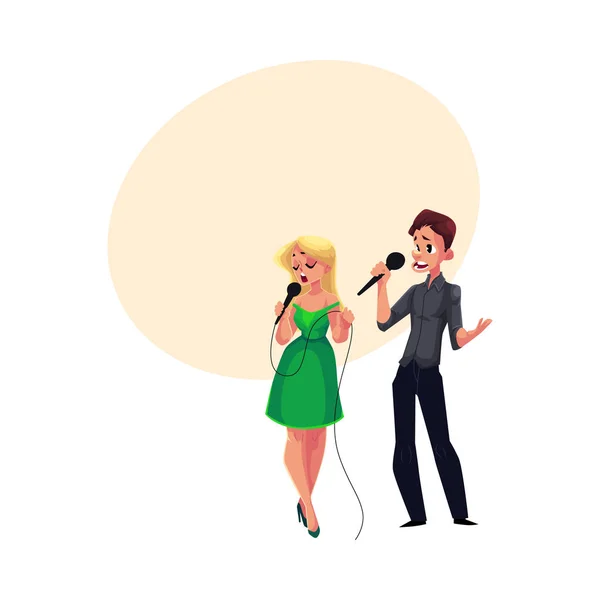 Hombre y mujer cantando en dúo, fiesta de karaoke, concurso, competencia — Vector de stock