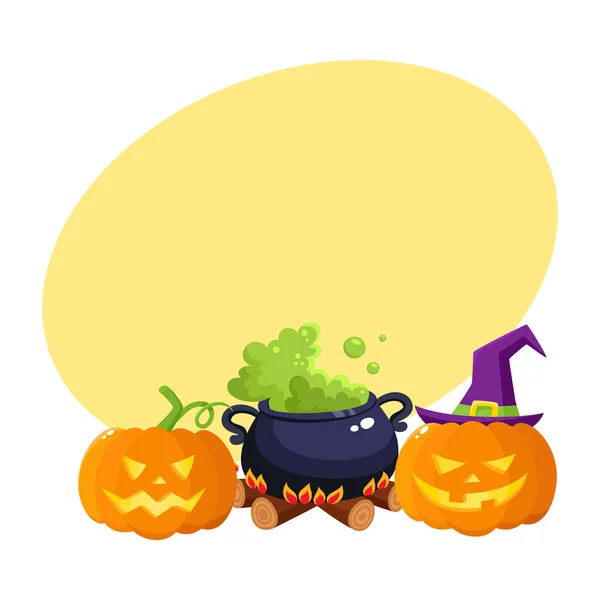 Hallowing pumpkin lanterns, black iron caldron with boiling green potion — Stock Vector