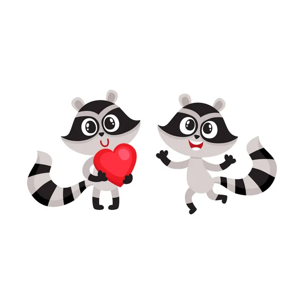 Zwei kleine Waschbärenfiguren, die ein rotes Herz halten und vor Glück springen — Stockvektor