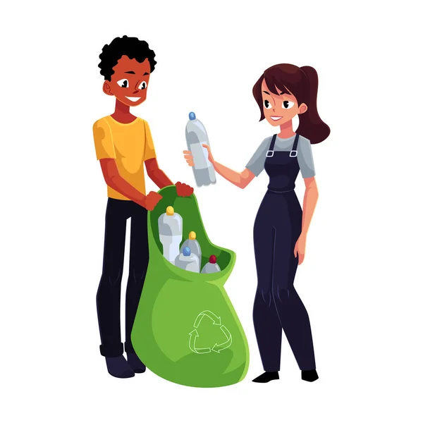 Mannen verzamelen plastic flessen in vuilniszakken, afval verwerkingsconcept — Stockvector