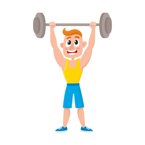 Genç adam barbell ile çömelme spor salonunda spor egzersizleri yapıyor — Stok Vektör