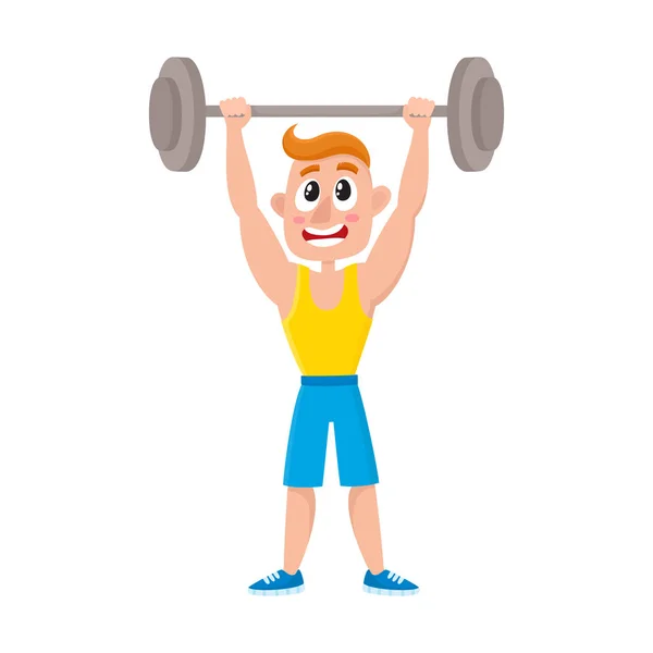 Joven en cuclillas con barra, haciendo ejercicios deportivos en el gimnasio — Vector de stock