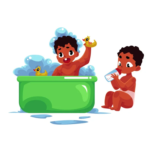Black, African American baby taking bath, eating from milk bottle — Stock Vector