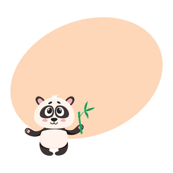 Söta leende baby panda karaktär håller bambu gren i tass — Stock vektor