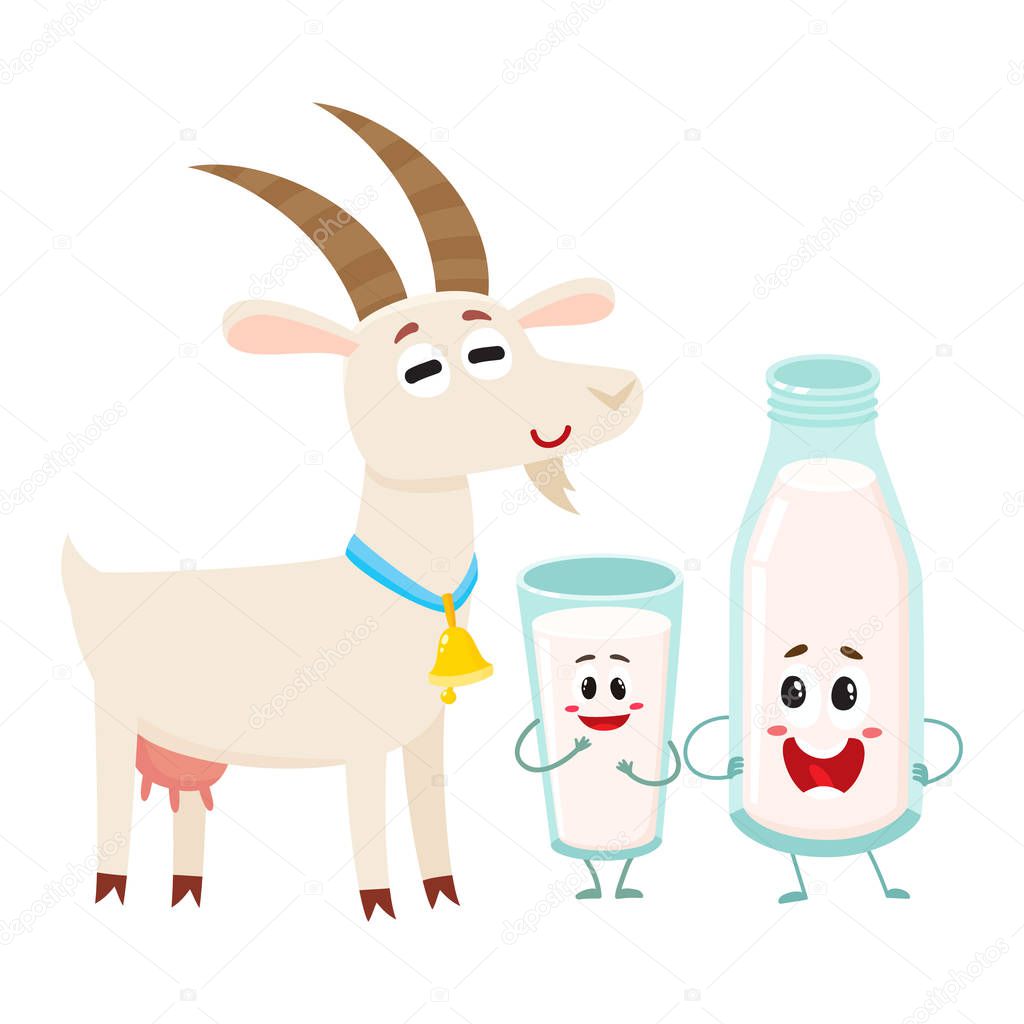 Farm goat and milk bottle characters with smiling human faces