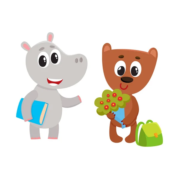 Cute animal student characters, bear with flowers, hippo holding book — Stock Vector