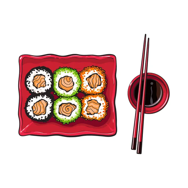 Prato de sushi japonês, rolos, chosticks e tigela de molho de soja — Vetor de Stock