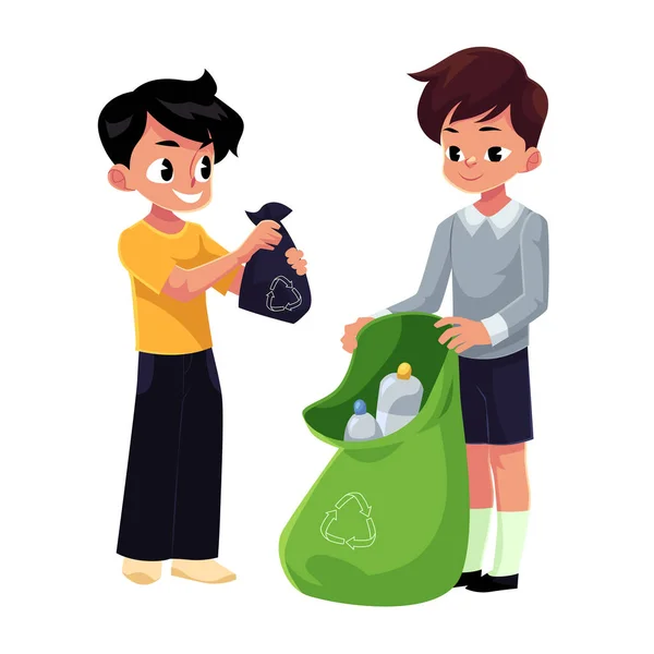 Niños, niños recogen botellas de plástico en la bolsa de basura, reciclaje de residuos — Vector de stock