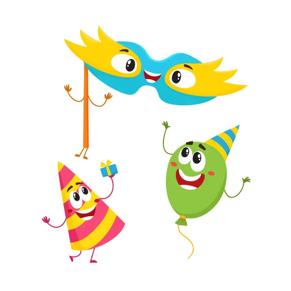 Geburtstagsgeschenk - Hut, Luftballon, Maske - mit lächelnden menschlichen Gesichtern — Stockvektor
