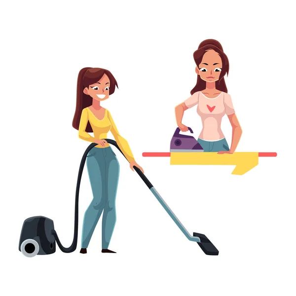 Jolie jeune femme, femme au foyer lavant et aspirant sa maison — Image vectorielle