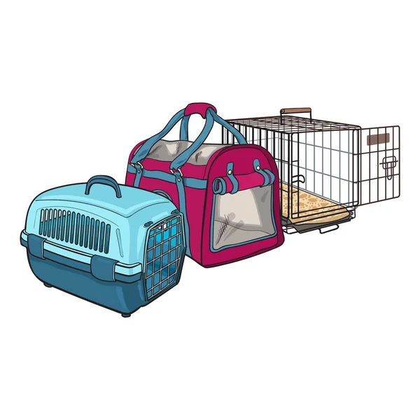 Tres tipos de transportín para mascotas, bolsa de transporte, estuche de plástico, metal — Archivo Imágenes Vectoriales