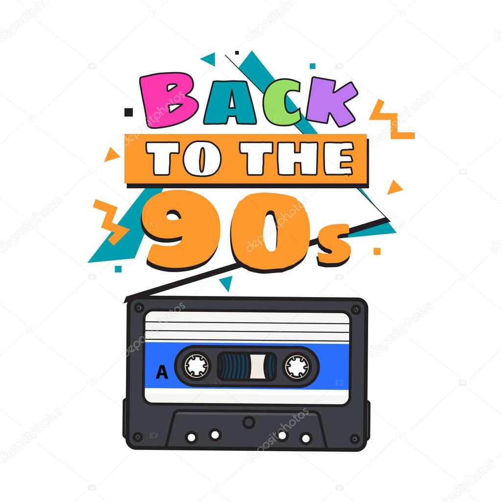 Old fashioned audio cassette, tape from 90s, isolated vector illustration