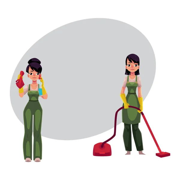 工作服，用真空吸尘器清洁服务女孩清洗窗户 — 图库矢量图片