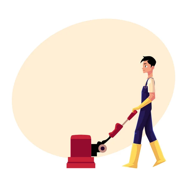Serviço de limpeza menino, homem usando máquina de limpeza de piso, vista lateral — Vetor de Stock