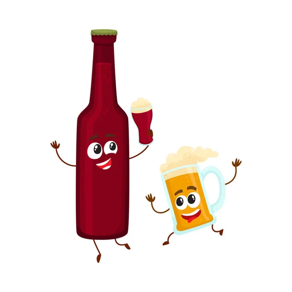 Komik bira şişesi ve kupa gülümseyen birlikte eğleniyor karakterler — Stok Vektör