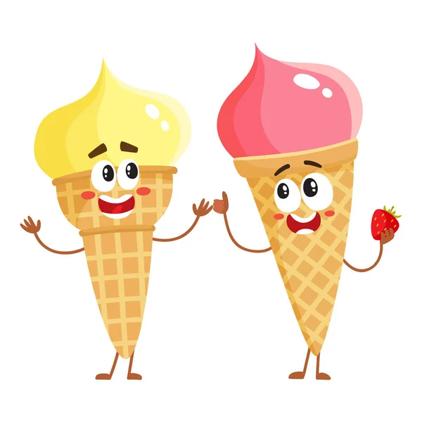 İki komik dondurma koni karakter - çilek ve vanilya — Stok Vektör