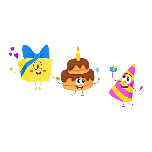 Vicces születésnapi karakter - kalap, torta, ajándékdoboz, emberi szembenéz mosolyog — Stock Vector