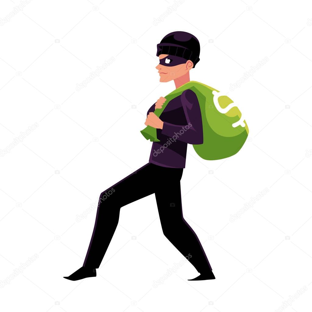 Thief, robber, burglar trying to escape with a money bag