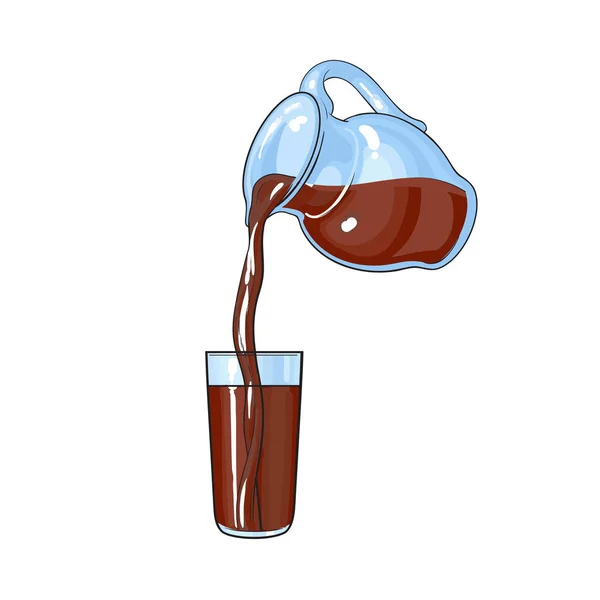 Latte al cioccolato, bevanda al cacao versata dal barattolo nel bicchiere alto — Vettoriale Stock