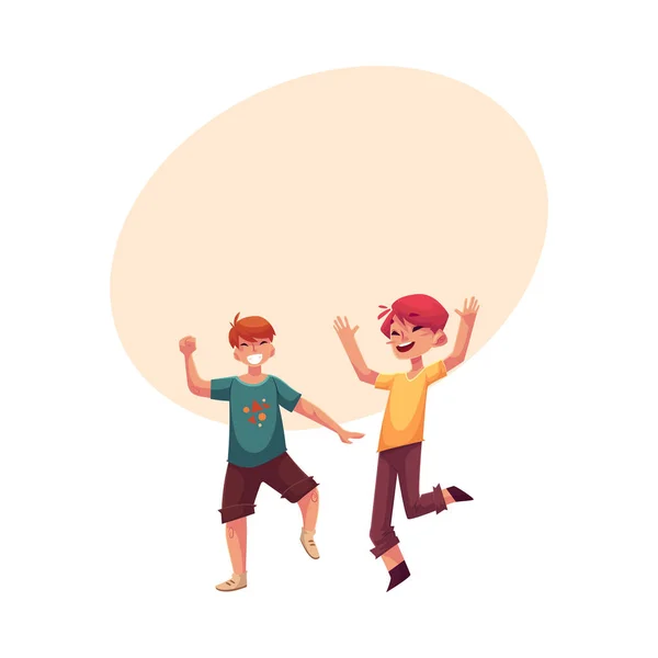 Due ragazzi divertenti, ragazzi che si divertono, che ballano alla festa — Vettoriale Stock