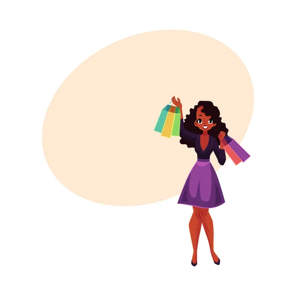 Negro feliz, chica africana, mujer con bolsas de compras, concepto de venta — Vector de stock