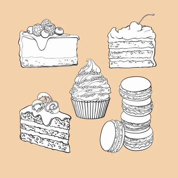 Conjunto de postres - magdalena, pastel de chocolate y vainilla, tarta de queso, macarrones — Vector de stock