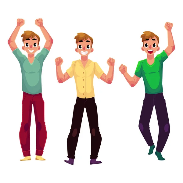 Men, boys, guys, friends rejoicing, cheering, clenching fists in excitement — Stock Vector