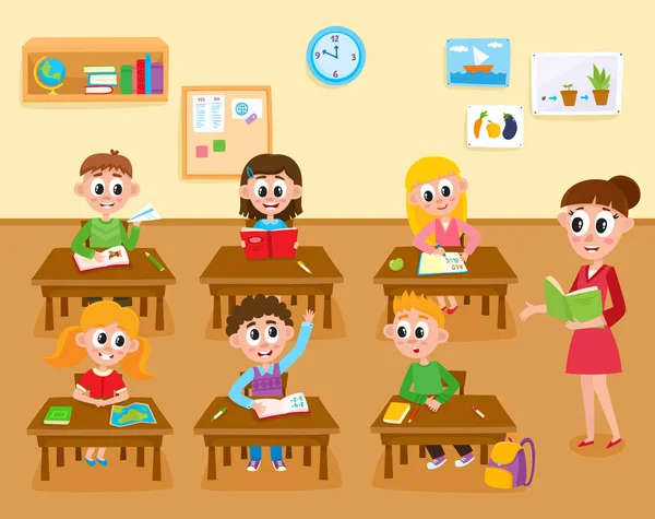 Lección en la escuela primaria, primaria, niños y profesores en el aula — Vector de stock