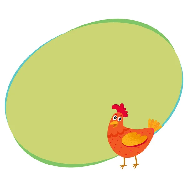 Divertida caricatura de pollo rojo, gallina de pie y sonriendo feliz — Vector de stock