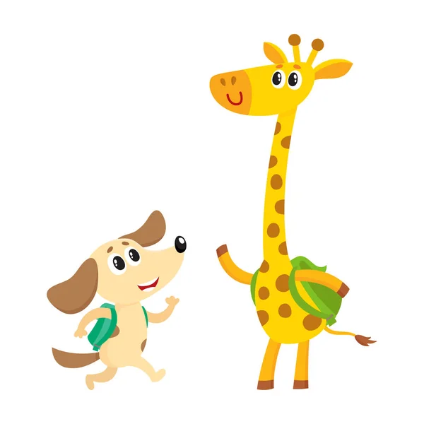 Personagens de estudante de animais bonitos, cão e girafa com mochilas — Vetor de Stock