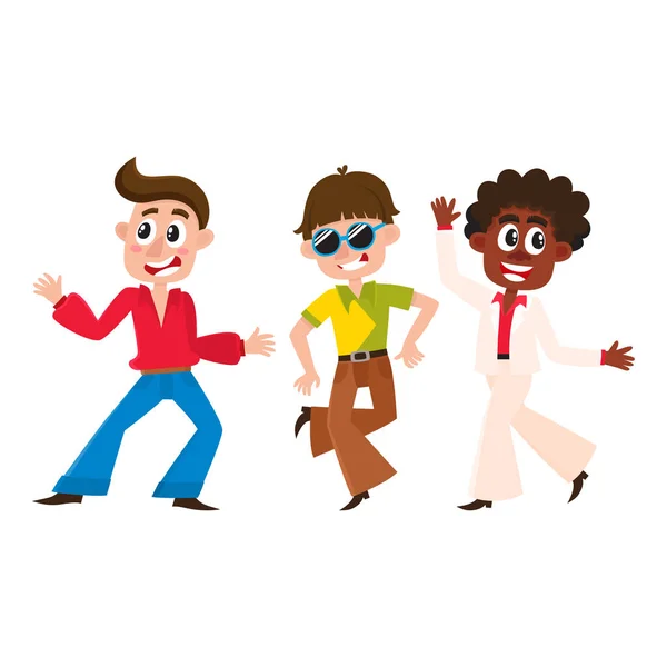 Ensemble de danseurs disco rétro de style dessin animé, noir et caucasien — Image vectorielle