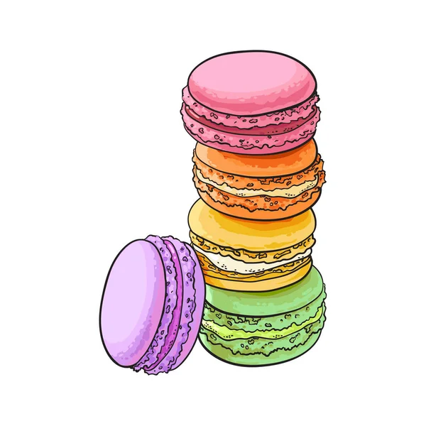 Montón dibujado a mano de coloridos macaron, tartas de almendras macarrones — Archivo Imágenes Vectoriales