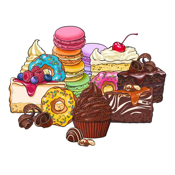 Pila, montón de varios pasteles, donas, macarrones y otros postres — Vector de stock