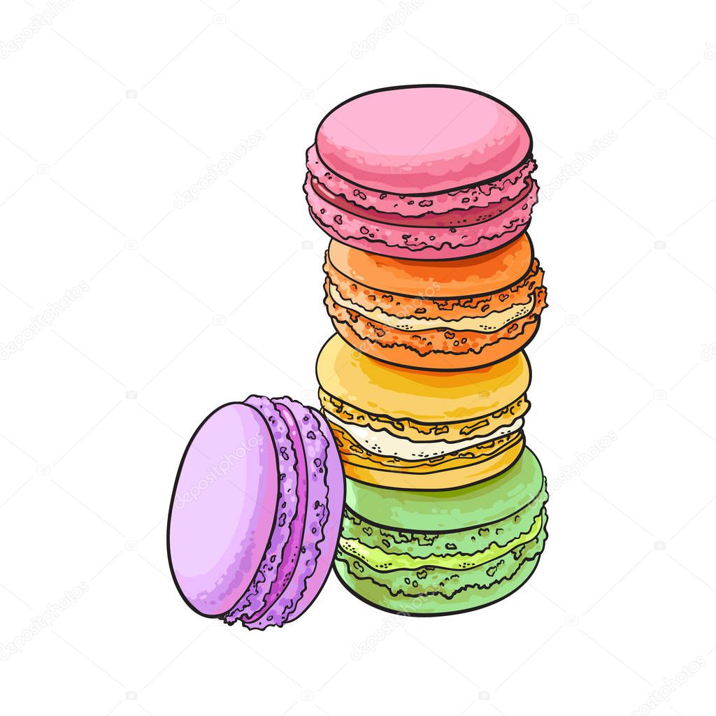 Hand drawn stack of colorful macaron, macaroon almond cakes