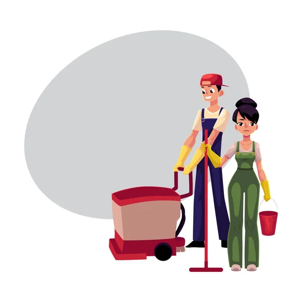 Menina com esfregona e balde, homem usando máquina de limpeza de piso —  Vetores de Stock