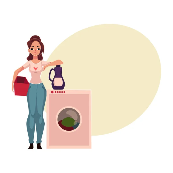 Giovane donna, casalinga in piedi accanto alla lavatrice, lavatrice — Vettoriale Stock