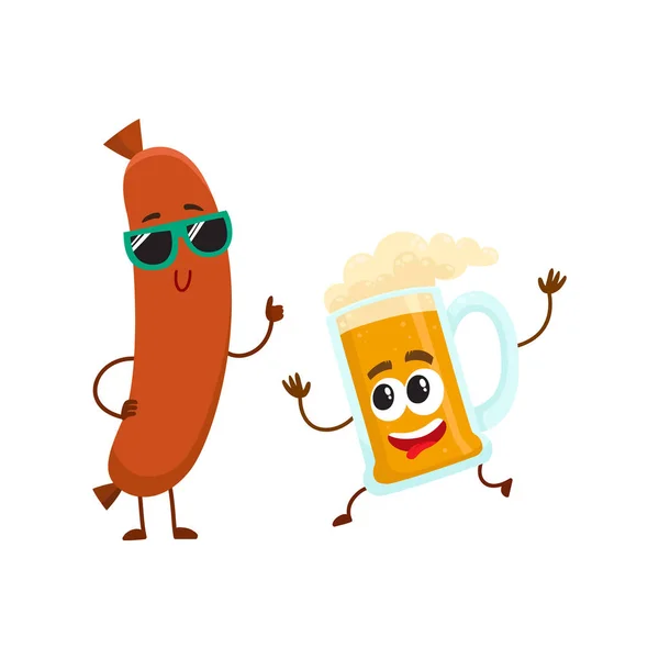 Funny beer glass and frankfurter sausage characters having fun together — Stock Vector