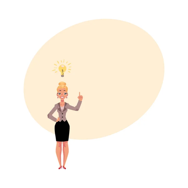 Businesswoman having idea, light bulb as symbol of business insight — Stock Vector