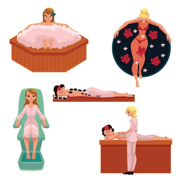 Kobieta, relaks w spa - płyn do kąpieli, Masaż kamieniami, masaż, Maseczka z glinki — Wektor stockowy