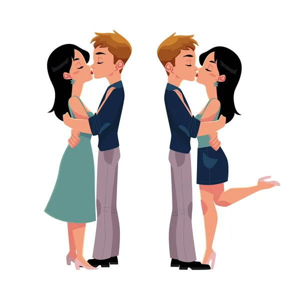 Conjunto de jovem casal, homem e mulher, beijando romanticamente —  Vetores de Stock