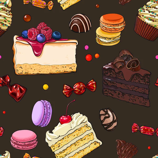 Modèle sans couture de gâteaux, bonbons, macarons et cupcakes dessinés à la main — Image vectorielle