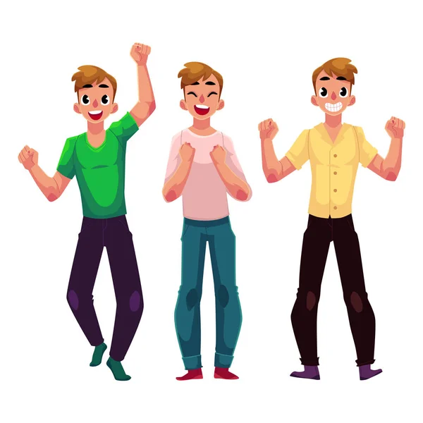 Men, boys, guys, friends rejoicing, cheering, clenching fists in excitement — Stock Vector
